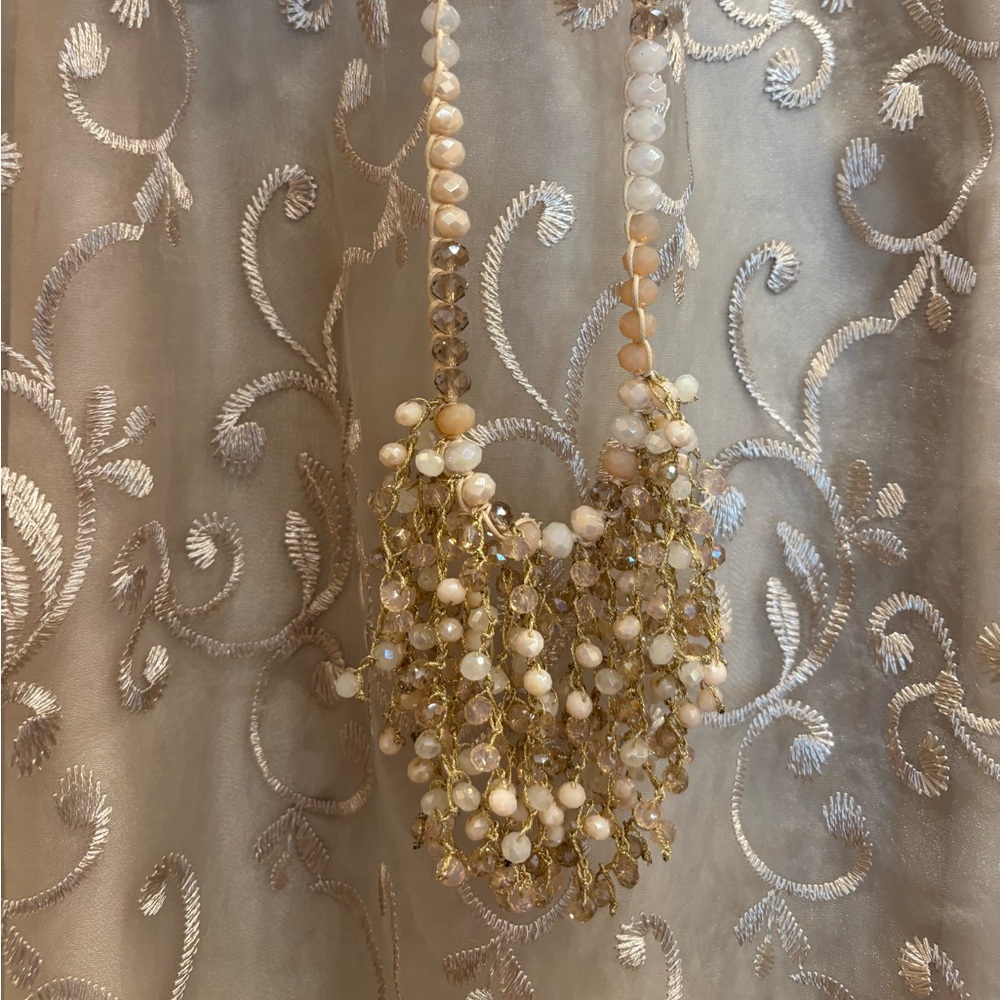 Handmade Ivory and Gold Beaded Cascade Necklace lots of shine!
